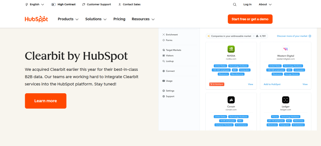 Hubspot Clearbit screenshot