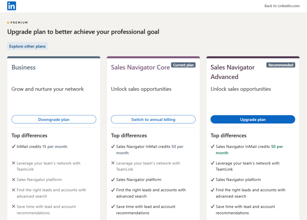 LinkedIn Pricing Tiers
